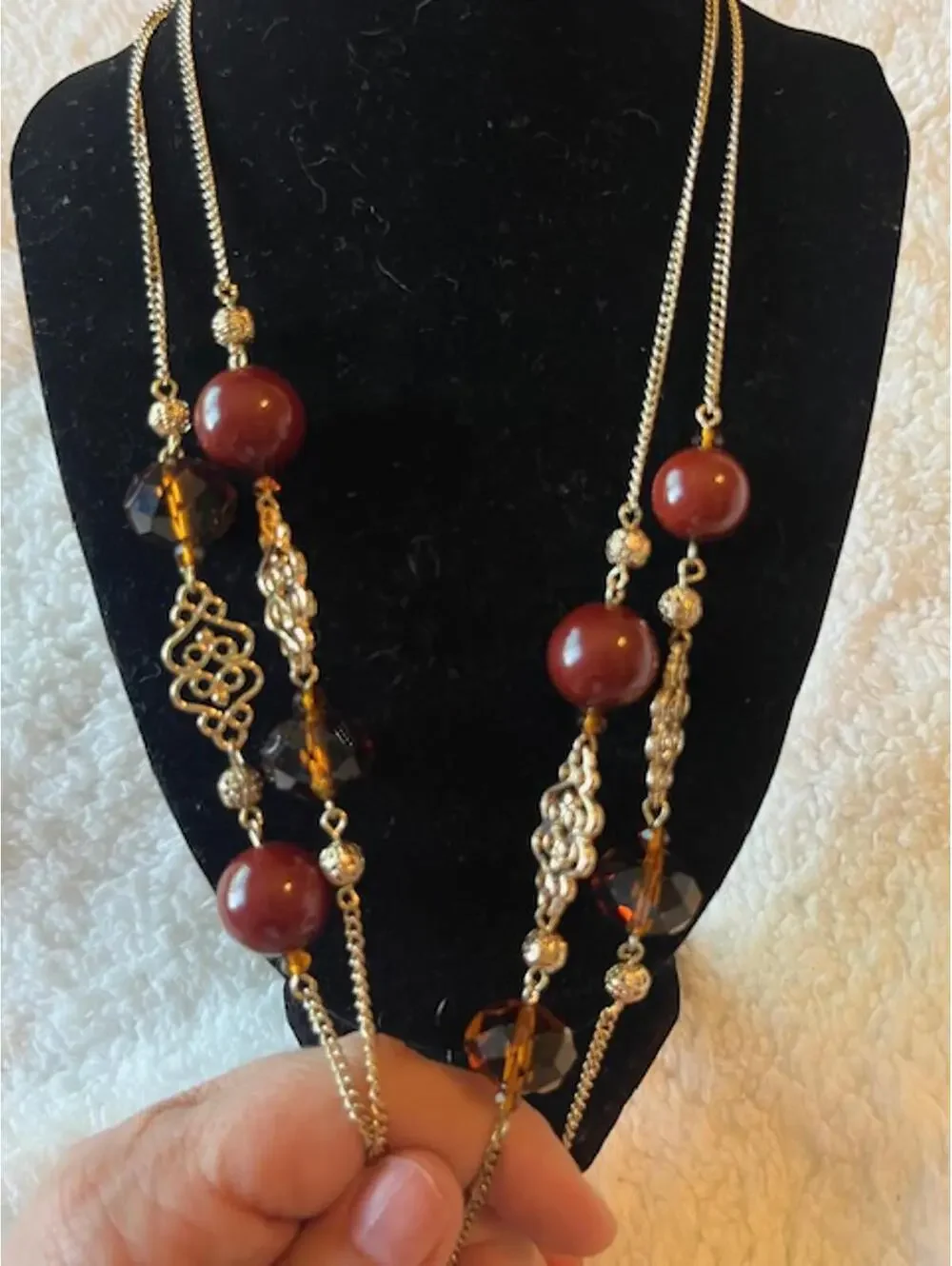 Vintage Style Beaded Long Necklace with Brown and Amber Beads